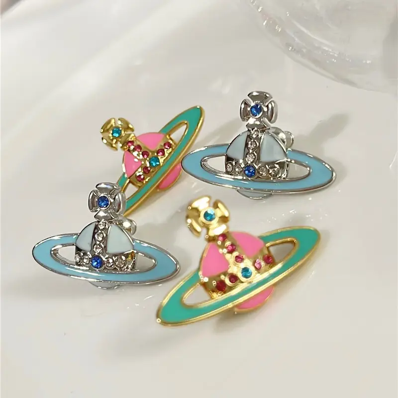 Women's Saturn Enamel Earrings Silver Pin - Image 4