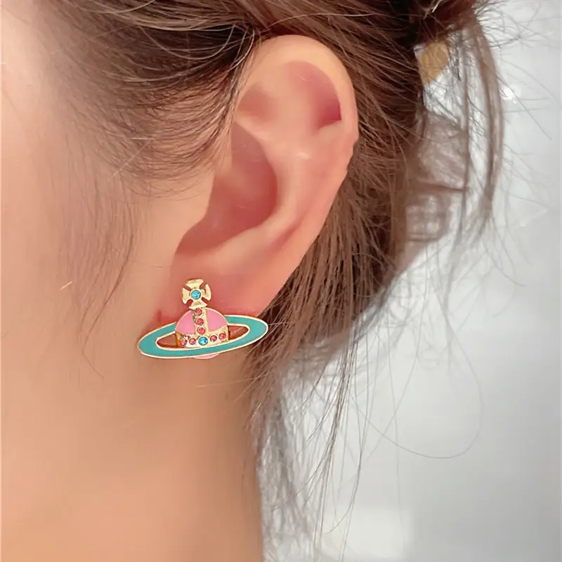 Women's Saturn Enamel Earrings Silver Pin - Image 5