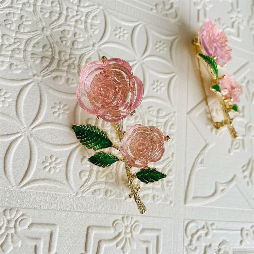 Resin Rose Flower Ear Stud Earrings Silver Needle Green Leaves