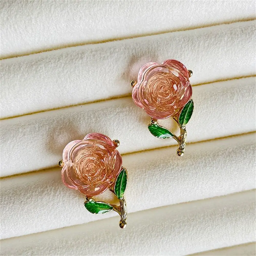 Resin Rose Flower Ear Stud Earrings Silver Needle Green Leaves