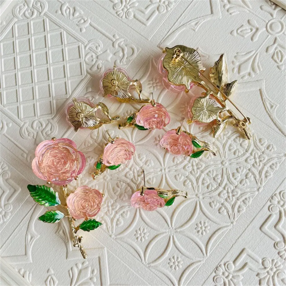 Resin Rose Flower Ear Stud Earrings Silver Needle Green Leaves