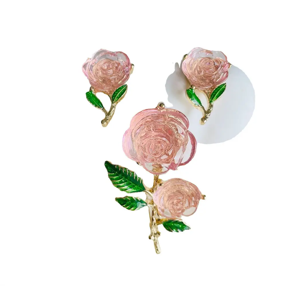 Resin Rose Flower Ear Stud Earrings Silver Needle Green Leaves