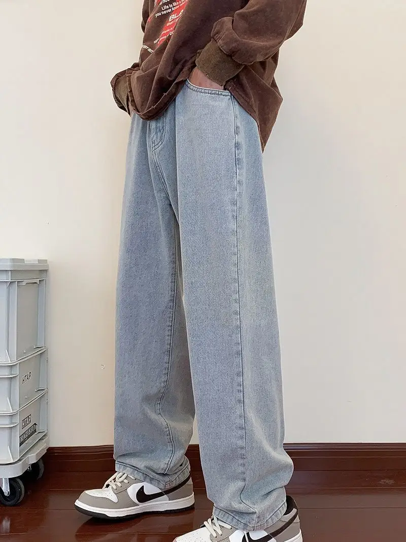 Men Washed Vintage Blue Straight Leg Jeans