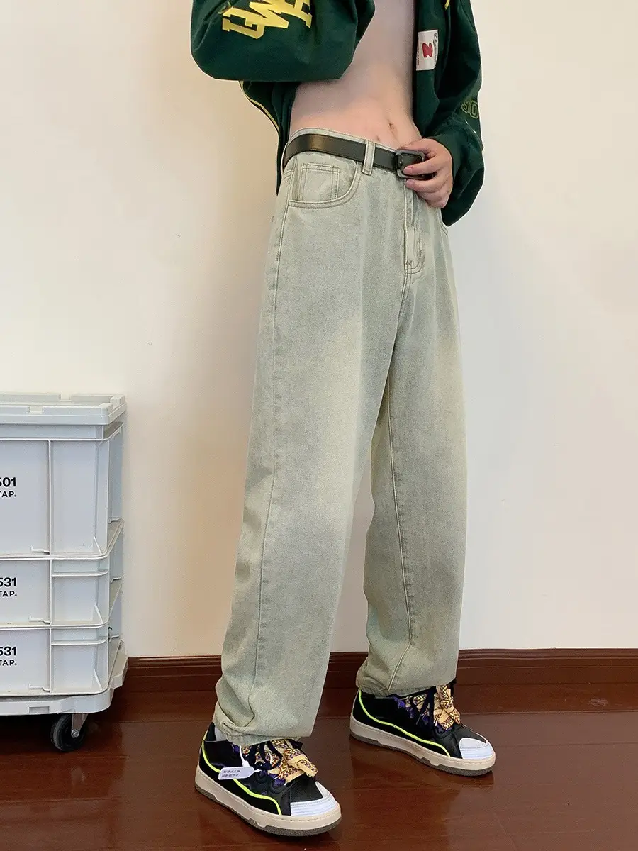 Men Washed Vintage Blue Straight Leg Jeans