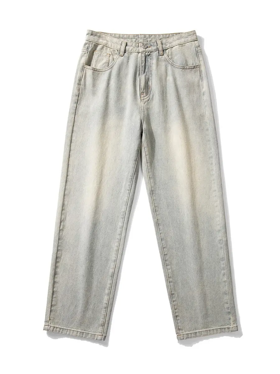 Men Washed Vintage Blue Straight Leg Jeans