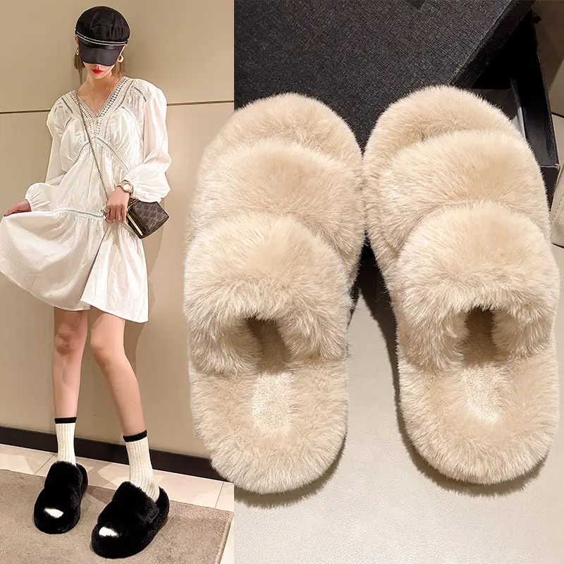 Internet Popular Fluffy Slippers Women's Candy Color Autumn and Winter Indoor Wear Warm Fluffy Cotton Slippers for Home and Exterior