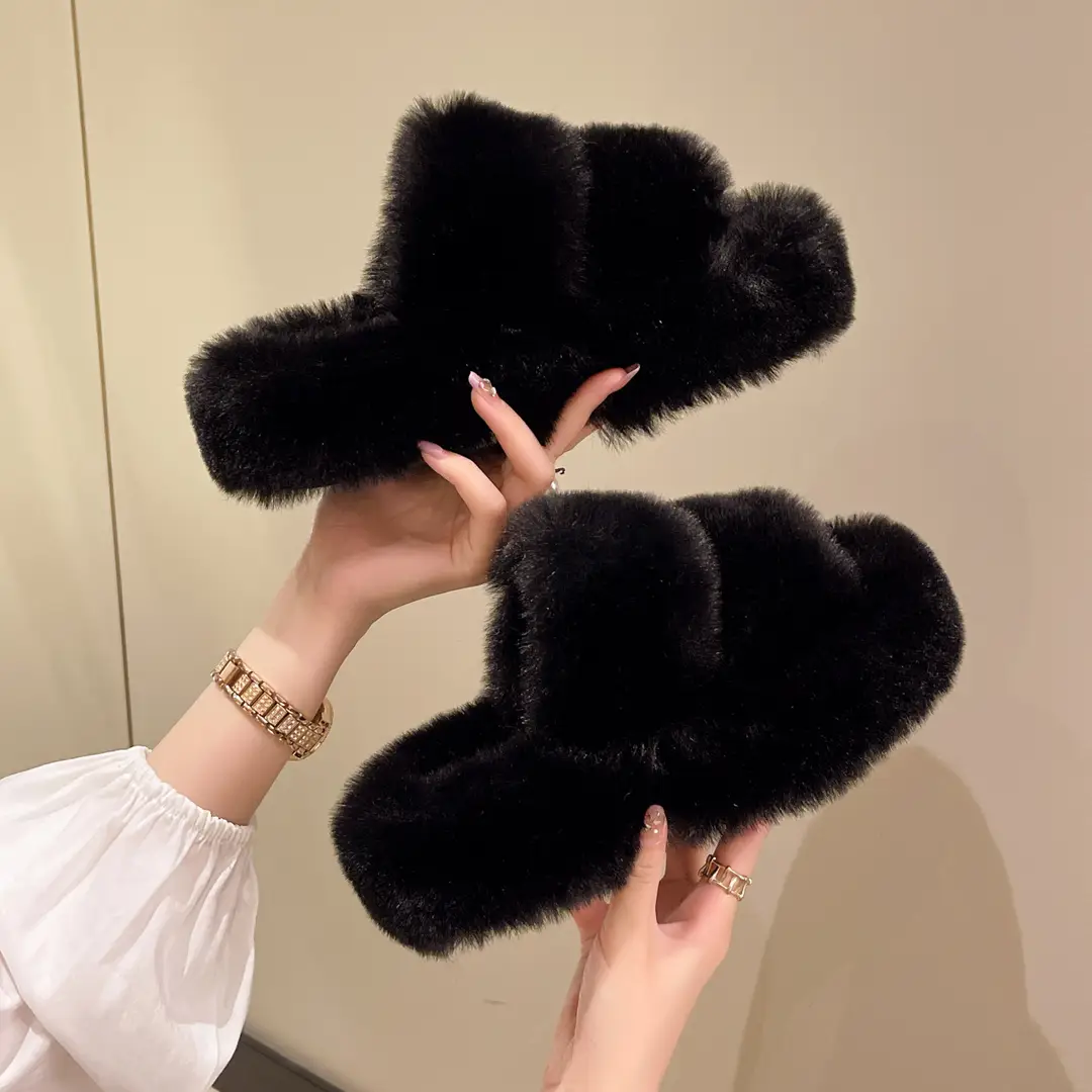 Internet Popular Fluffy Slippers Women's Candy Color Autumn and Winter Indoor Wear Warm Fluffy Cotton Slippers for Home and Exterior