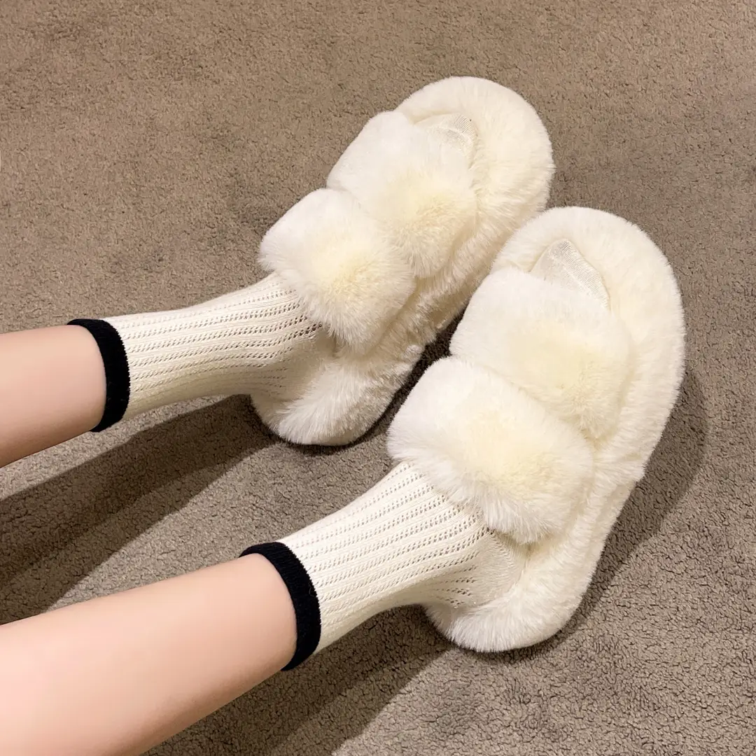 Internet Popular Fluffy Slippers Women's Candy Color Autumn and Winter Indoor Wear Warm Fluffy Cotton Slippers for Home and Exterior