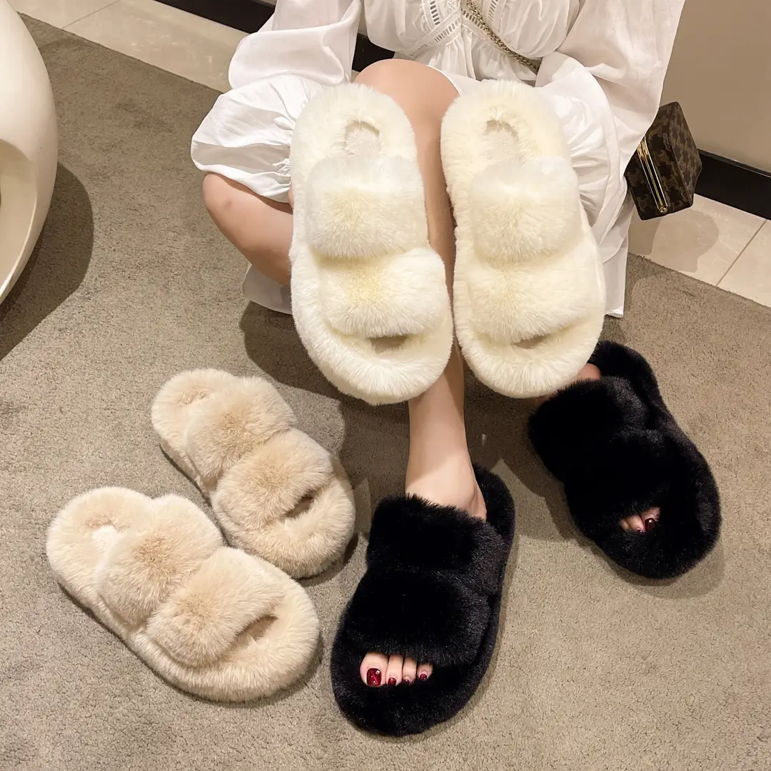 Internet Popular Fluffy Slippers Women's Candy Color Autumn and Winter Indoor Wear Warm Fluffy Cotton Slippers for Home and Exterior