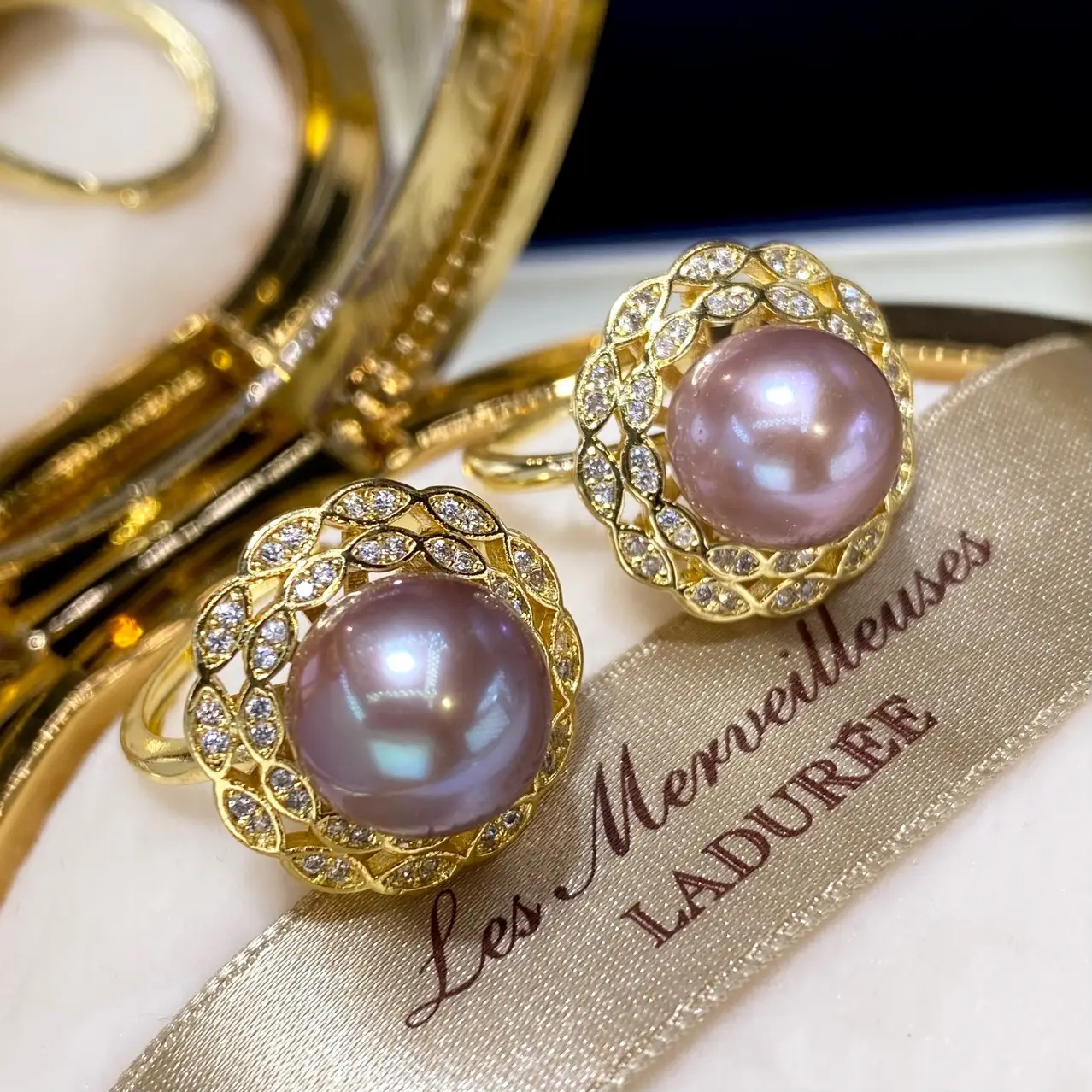 11mm Pink Pearl Rings for Women 18K Gold Injection