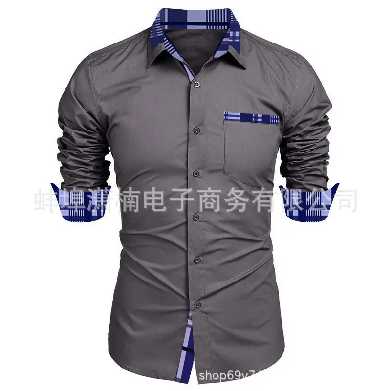 Men Long Sleeve Button Shirt Grey Blue Contrast
