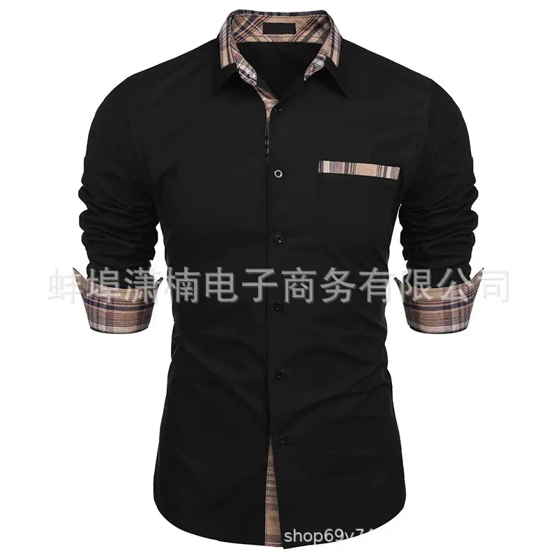 Men Long Sleeve Button Shirt Grey Blue Contrast
