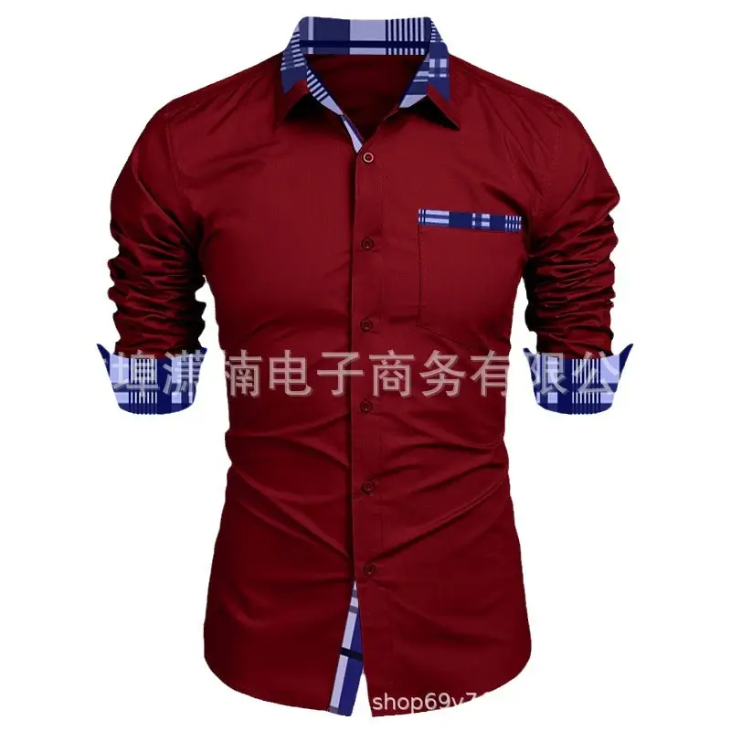 Men Long Sleeve Button Shirt Grey Blue Contrast