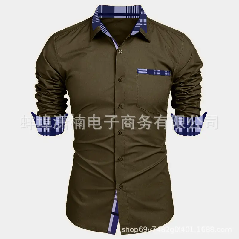 Men Long Sleeve Button Shirt Grey Blue Contrast