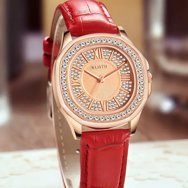 Women's Red Leather Watch with Crystal Band - Image 3