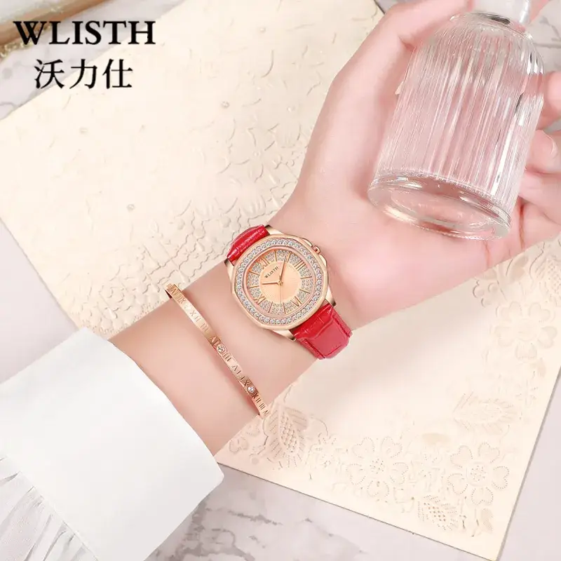 Women's Red Leather Watch with Crystal Band - Image 4