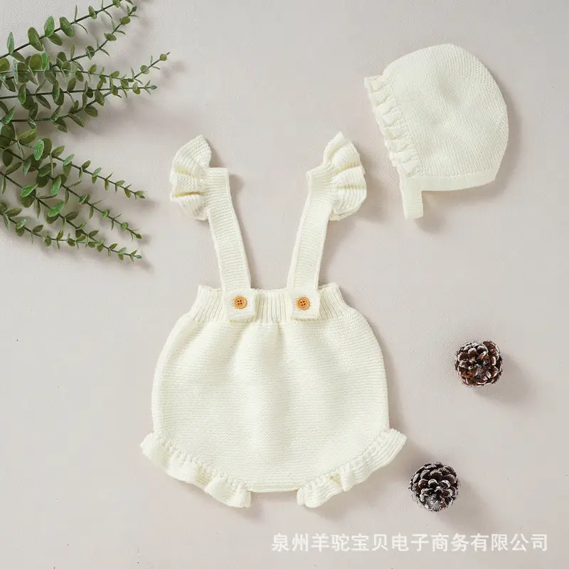 White Lace Baby Strap Romper Set with Hat - Image 6