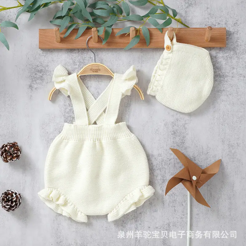 White Lace Baby Strap Romper Set with Hat - Image 2