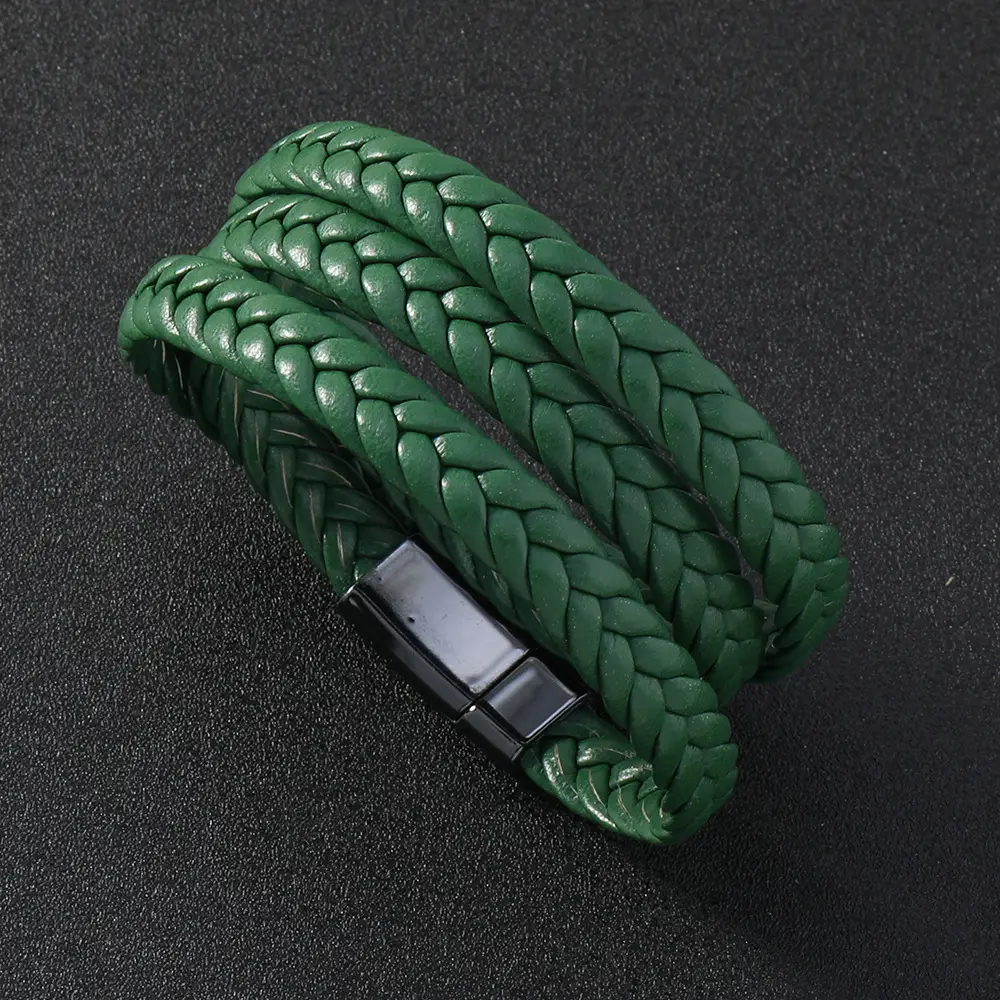 Green Braided Leather Bracelet with Magnetic Buckle - Image 14