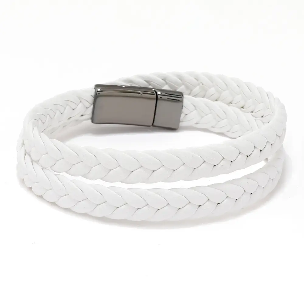Green Braided Leather Bracelet with Magnetic Buckle - Image 2