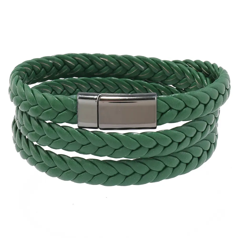 Green Braided Leather Bracelet with Magnetic Buckle - Image 3