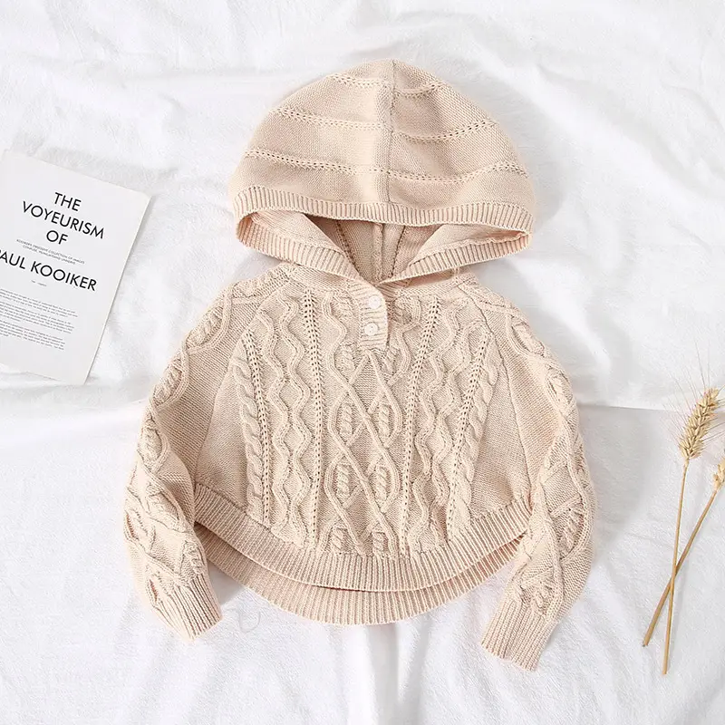 Beige Knitted Hooded Pullover for Girls — feature 2