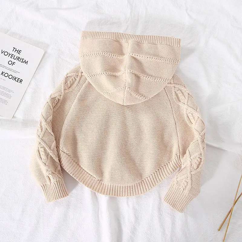 Beige Knitted Hooded Pullover for Girls - Image 4