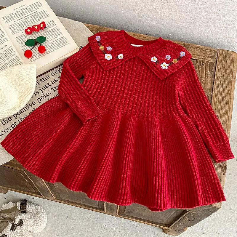 Red Knitted Baby Girl's Skirt with Embroidered Princess Design - Image 4