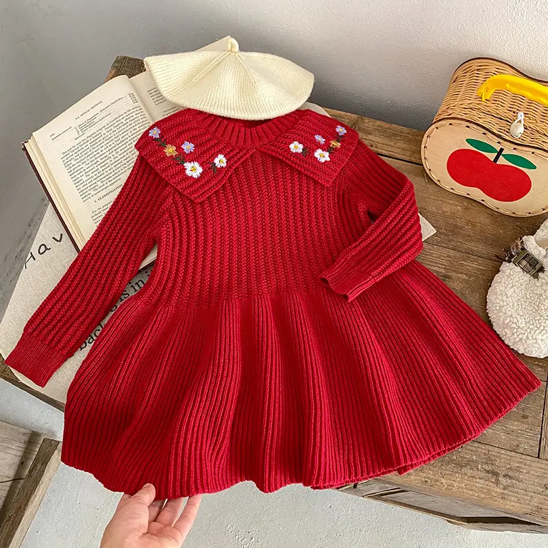 Red Knitted Baby Girl's Skirt with Embroidered Princess Design - Image 5