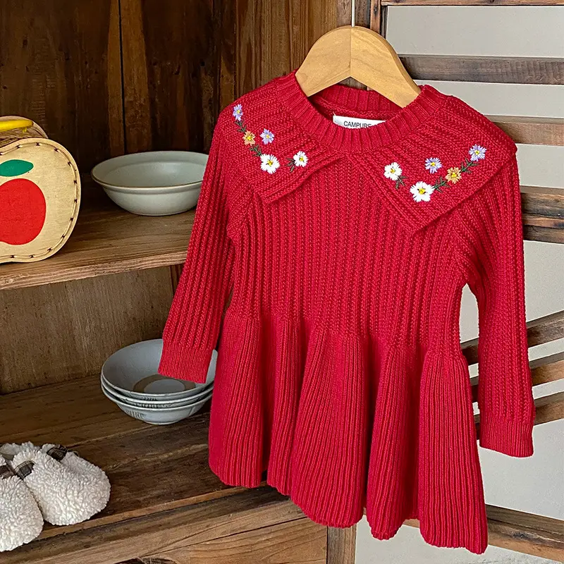Red Knitted Baby Girl's Skirt with Embroidered Princess Design - Image 6