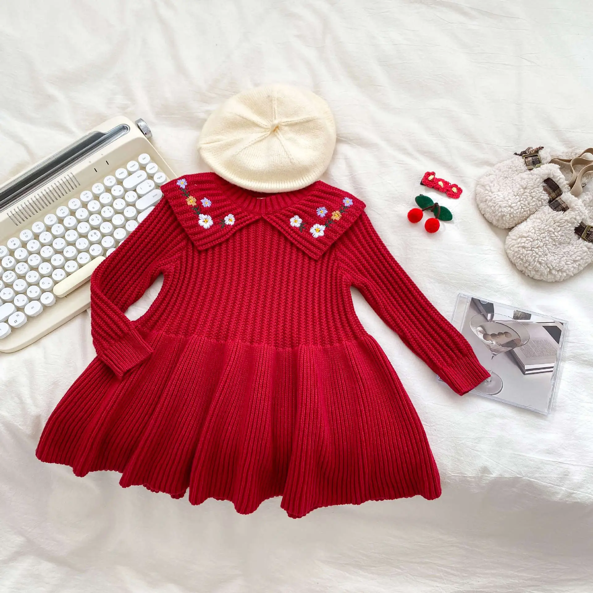 Red Knitted Baby Girl's Skirt with Embroidered Princess Design — feature 2