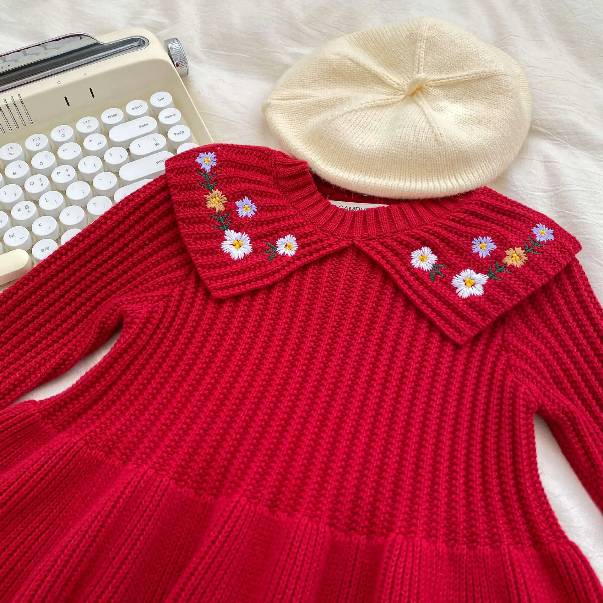 Red Knitted Baby Girl's Skirt with Embroidered Princess Design — feature 3