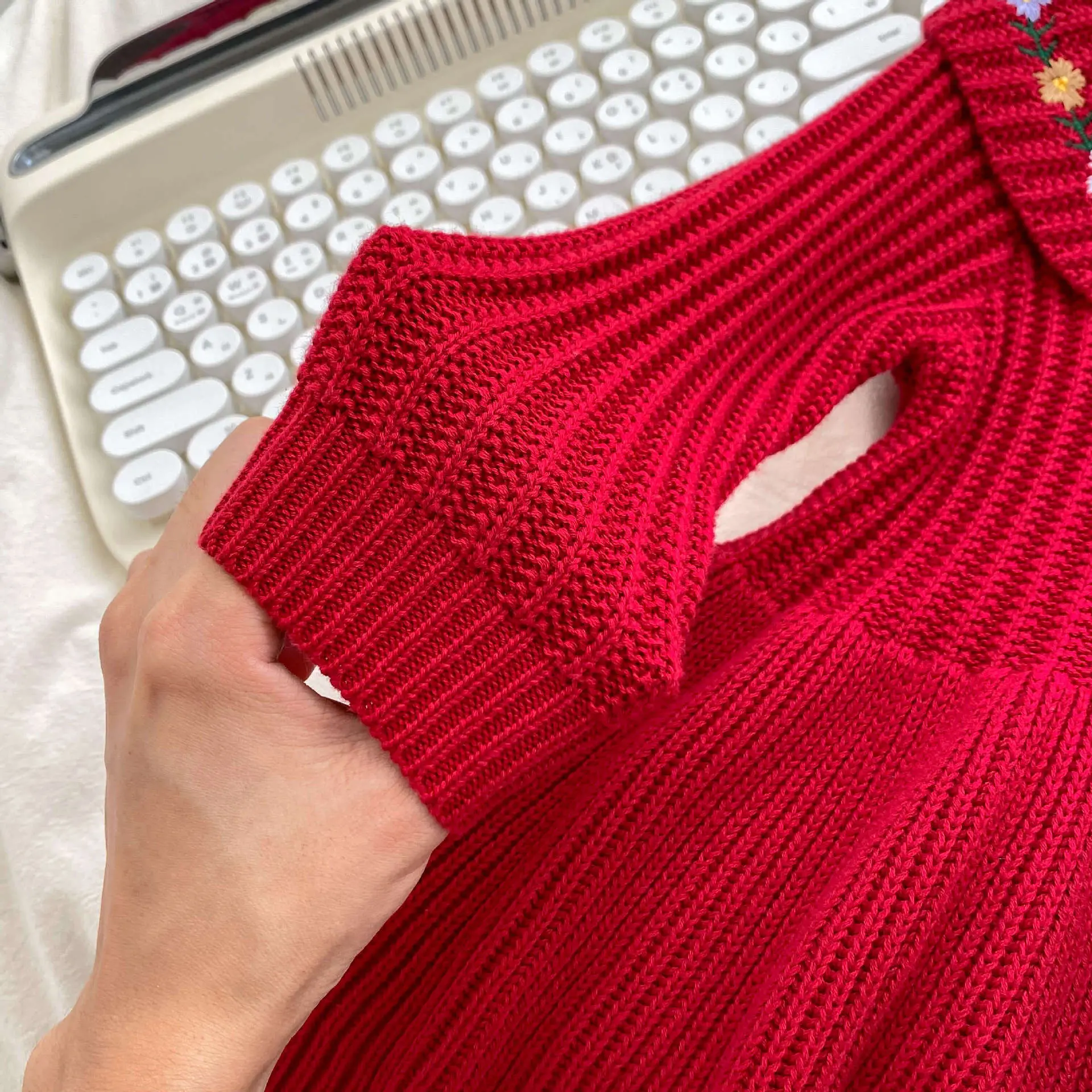 Red Knitted Baby Girl's Skirt with Embroidered Princess Design — feature 6
