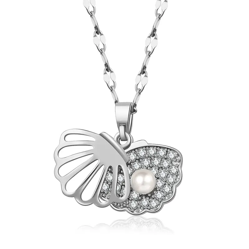 Silver Shell Pearl Open Close Necklace for Women - Image 2