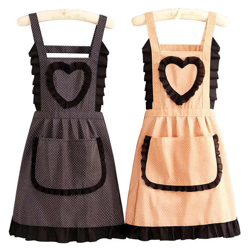 Women's Heart Print Kitchen Apron Black Beige
