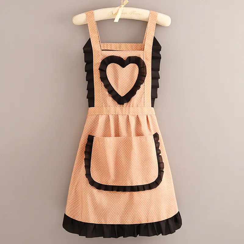 Women's Heart Print Kitchen Apron Black Beige