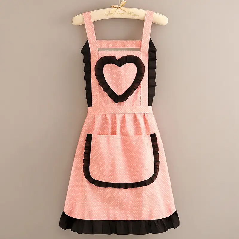 Women's Heart Print Kitchen Apron Black Beige