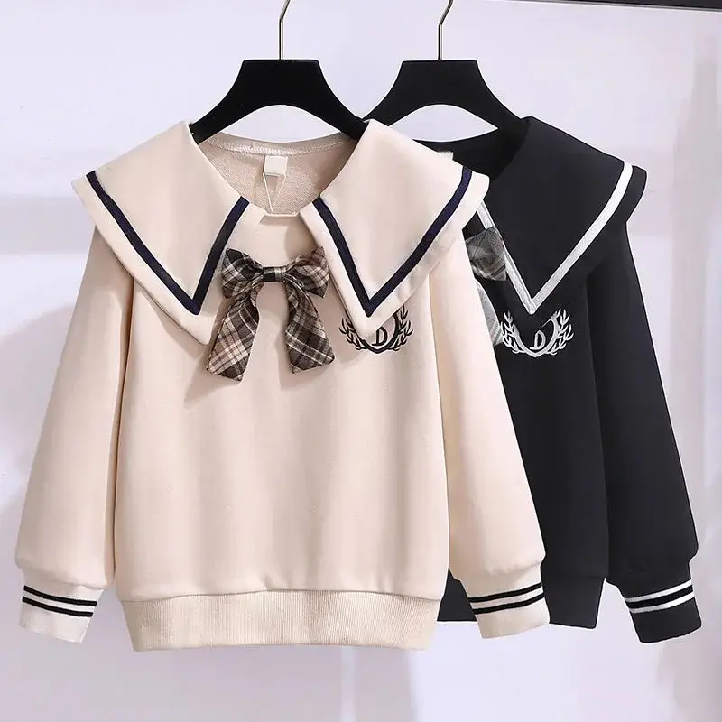 Girls Collar Sweatshirt Black Plaid Bow College Style - Image 3