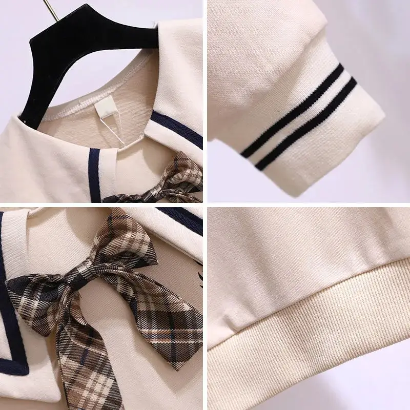 Girls Collar Sweatshirt Black Plaid Bow College Style - Image 4