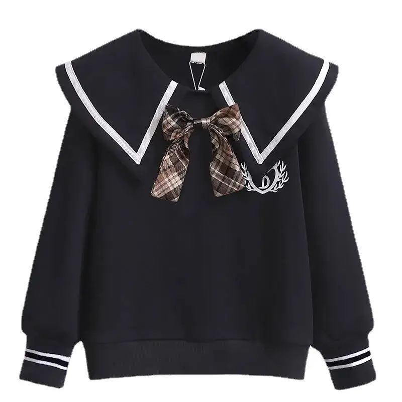 Girls Collar Sweatshirt Black Plaid Bow College Style - Image 5