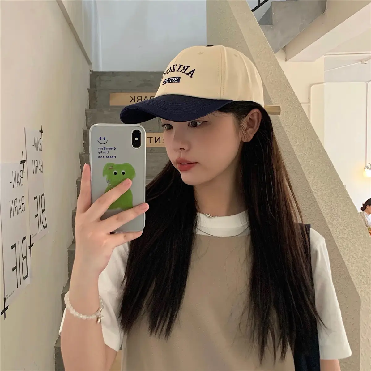 Women Retro Baseball Cap Sun Protection Green White - Image 6