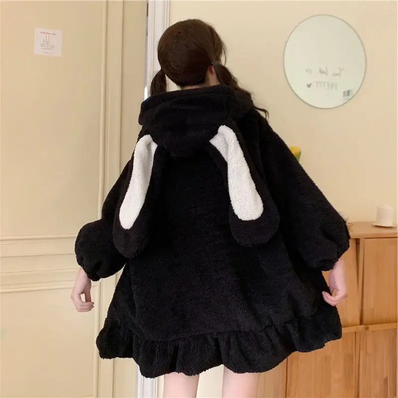 Japanese Style Soft Girl Rabbit Ear Hooded Sweater Women's Mid-Length Cashmere Coat - Image 4