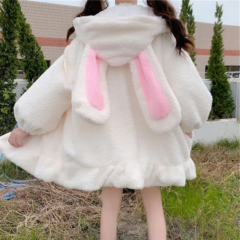 Japanese Style Soft Girl Rabbit Ear Hooded Sweater Women's Mid-Length Cashmere Coat - Image 5