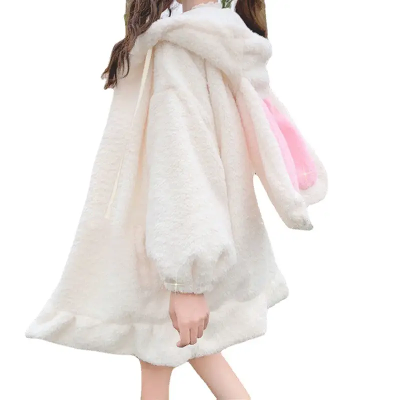 Japanese Style Soft Girl Rabbit Ear Hooded Sweater Women's Mid-Length Cashmere Coat - Image 7