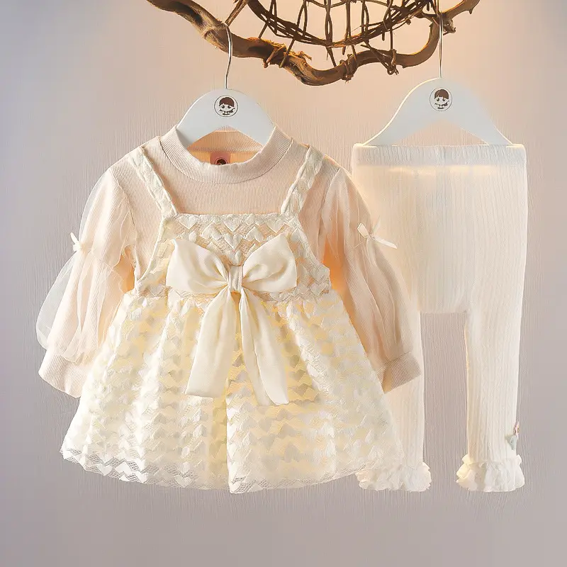 Spring Baby Skirt Set White Orange Puff Sleeve