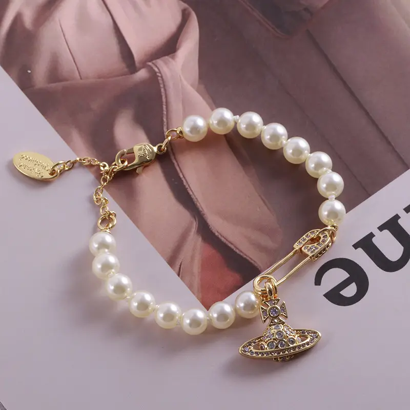 European American Diamond Planet Pearl Pin Bracelet for Women