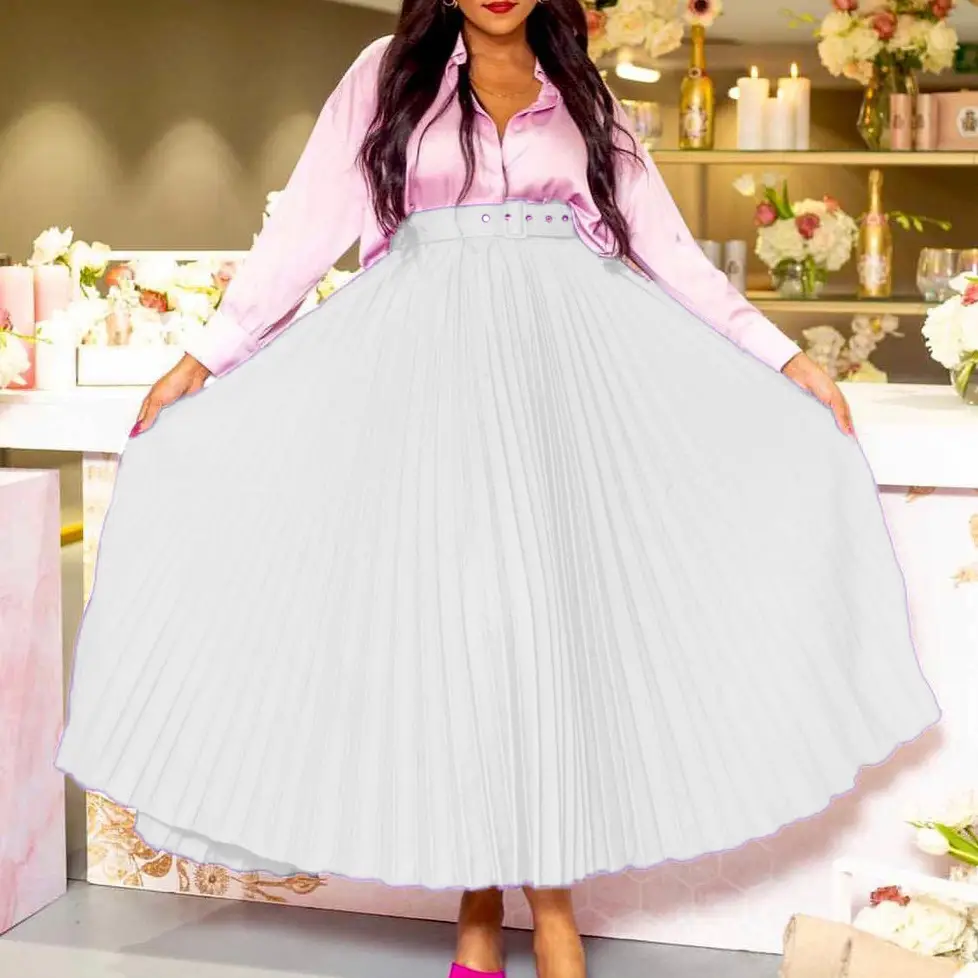 White Pleated High Waist Skirt Set for Women