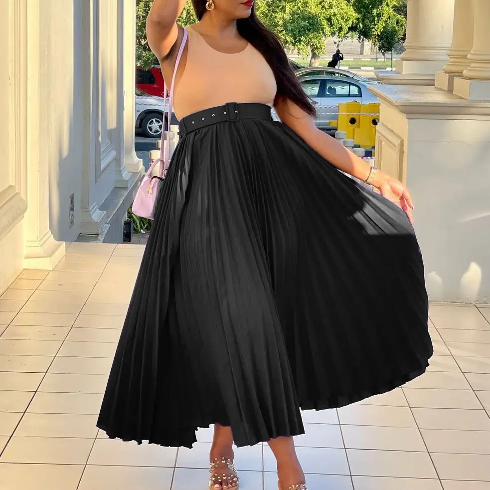 White Pleated High Waist Skirt Set for Women
