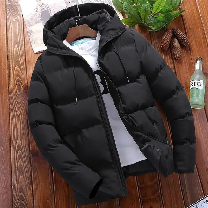 Men's Black Hooded Cotton Padded Winter Coat