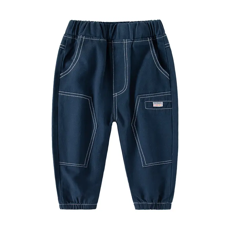 Kids Cotton Pocket Pants Navy Blue Korean Style